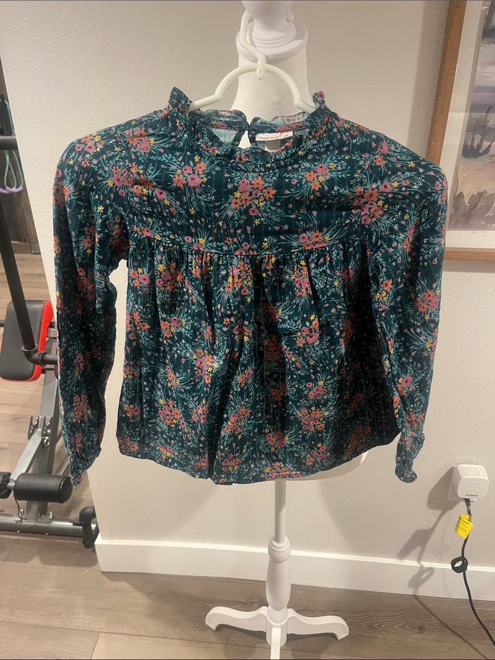 Cat & Jack Teal Floral Ruffle-Yoke Blouse